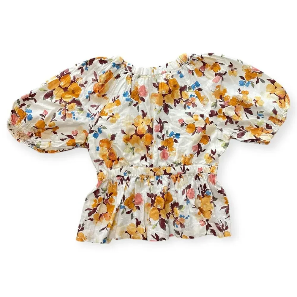 NWT Abercrombie & Fitch Floral Babydoll Cottage Puff Sleeve Linen Blend Top